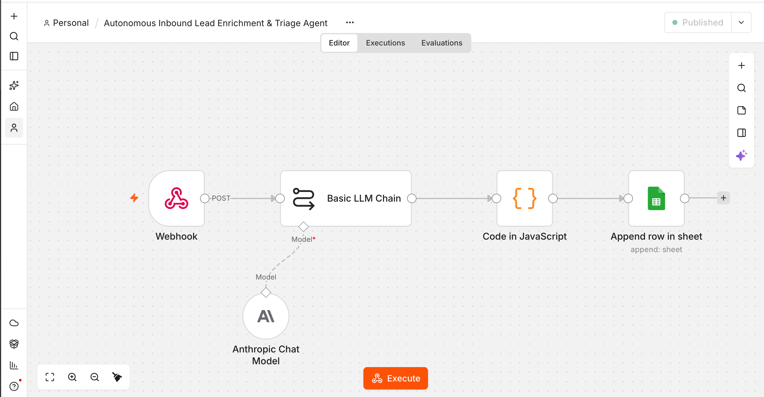 Screenshot of the n8n workflow: Webhook node, Basic LLM Chain using the Anthropic Chat Model, a Code in JavaScript node, and an Append row in sheet node, connected left to right.